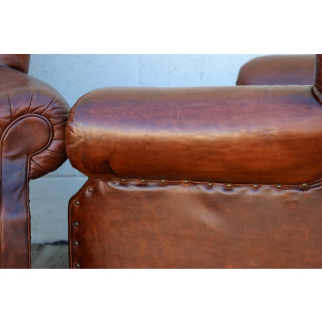 Pair of Restoration Hardware Churchill Tufted Brown Leather Lounge Chairs With Nailhead Trim For Sale - Image 11 of 18