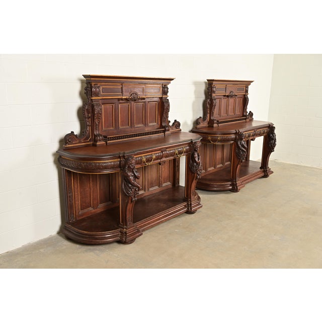 R. J. Horner & Co. R. J. Horner Renaissance Revival Ornate Carved Oak Sideboards or Bar Cabinets, Circa 1880s For Sale - Image 4 of 14