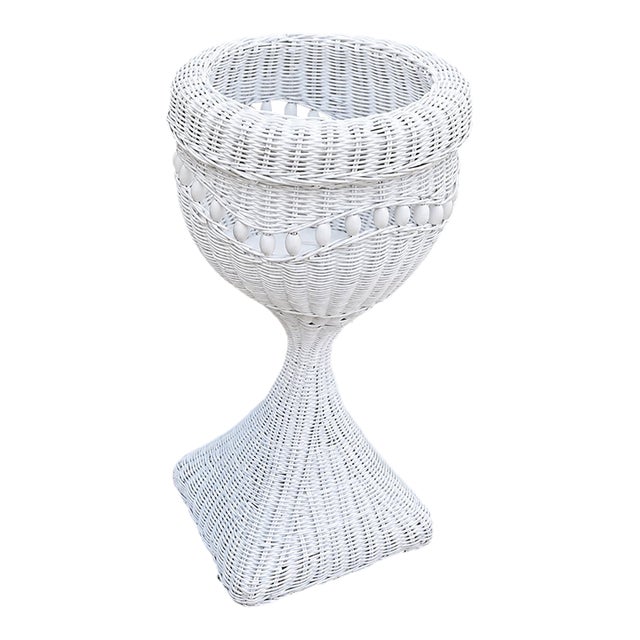 Vintage MCM White Wicker Rattan Boho Floor Tall 24" Planter For Sale