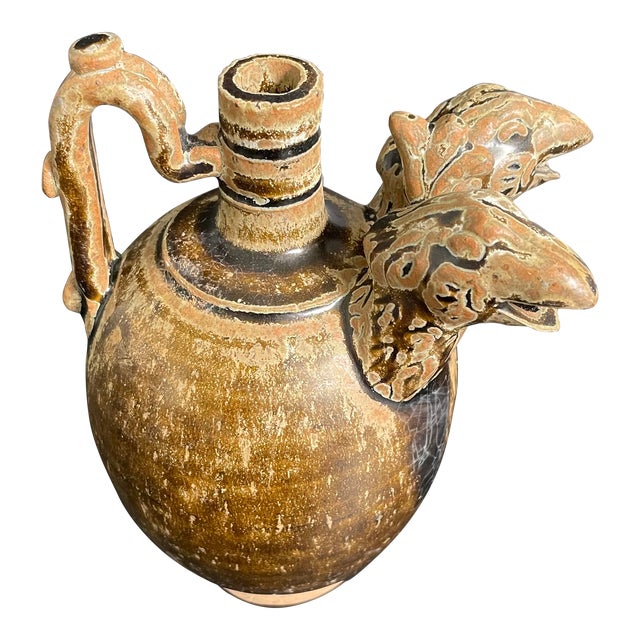 Tang Dynasty Brown Glazed Ceramic Ewer With Double Spout in the Form of Bird Head For Sale