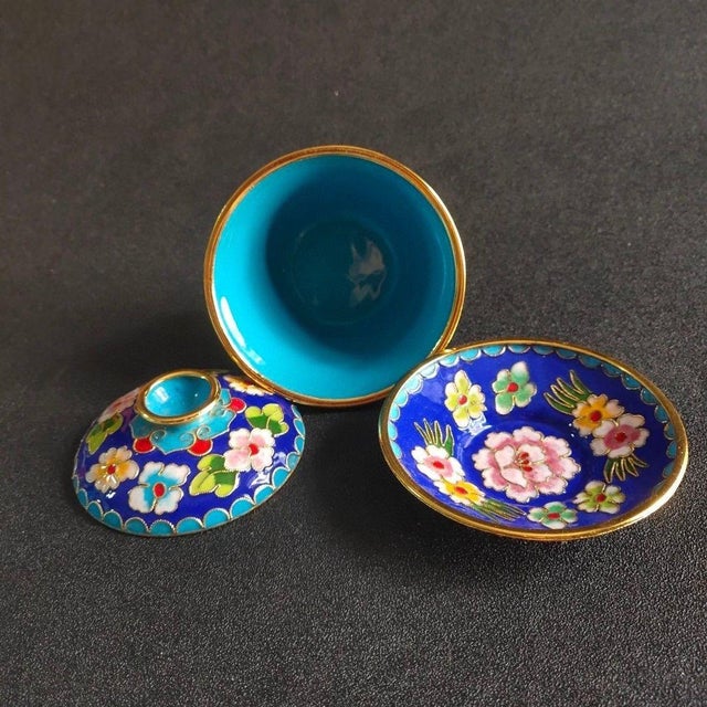 Vintage Chinese Cobalt Blue Cloisonné Enamel Floral "Three-Piece" Tea Bowl Set For Sale - Image 4 of 6