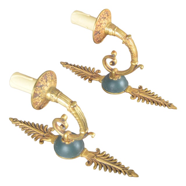 Gilded Brass Scroll-Arm Wall Sconces with Teal Details, 1950s, Set of 2 For Sale