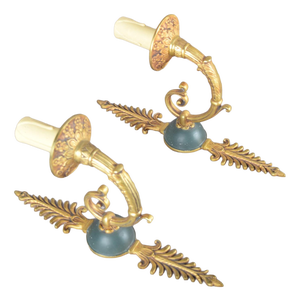 Gilded Brass Scroll-Arm Wall Sconces with Teal Details, 1950s, Set of 2