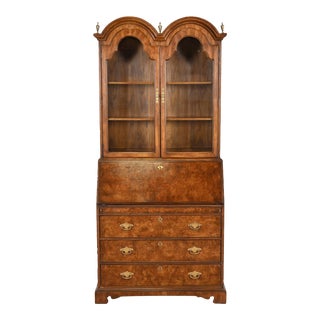 Georgian Burled Walnut Drop Front Secretary Desk With Bookcase Hutch by National Mt. Airy For Sale