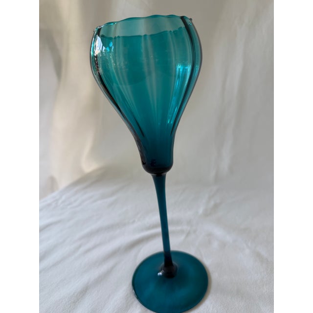 Empoli Italian Mid 20th Century, Ribbed Optic Empoli on Long Stem in Peacock/Teal For Sale - Image 4 of 6