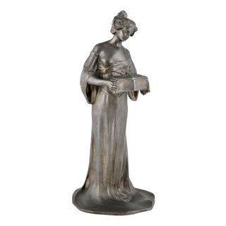 Matte, Lady with Casket, 1900s, Pewter For Sale