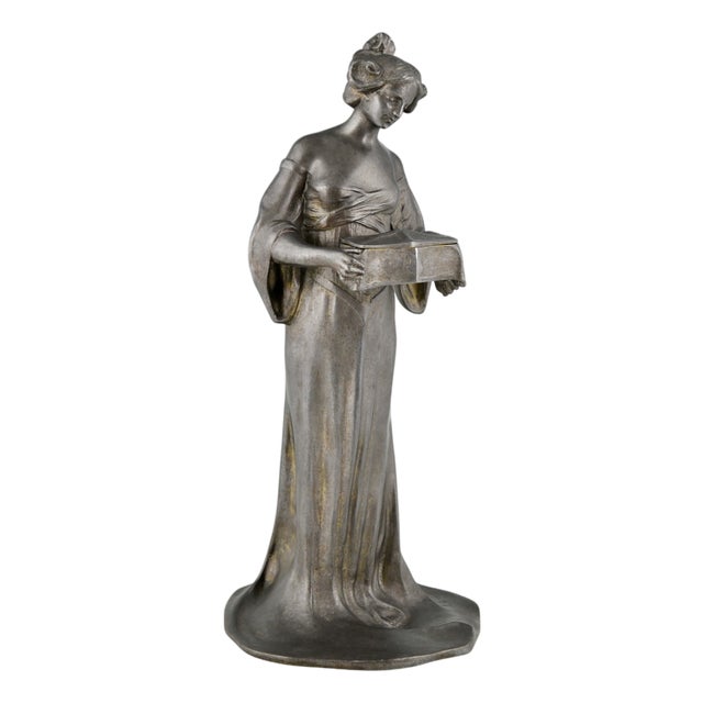 Matte, Lady with Casket, 1900s, Pewter For Sale
