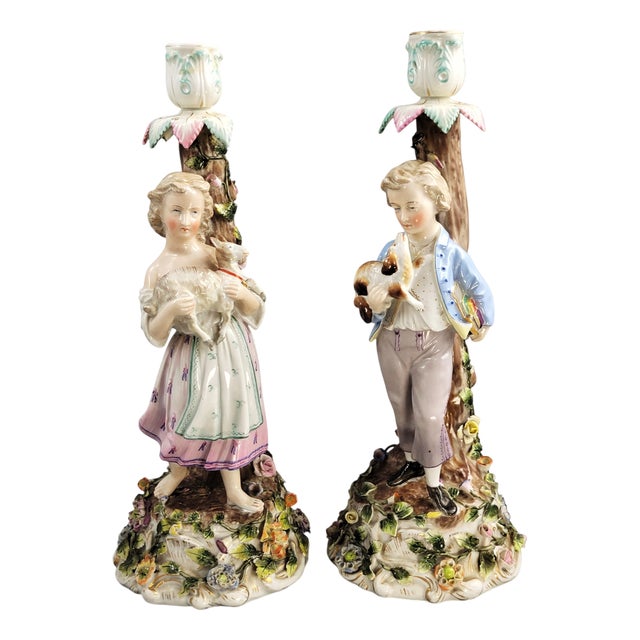 Large Figural Porcelain Candlesticks, Germany, 1890, Set of 2 For Sale