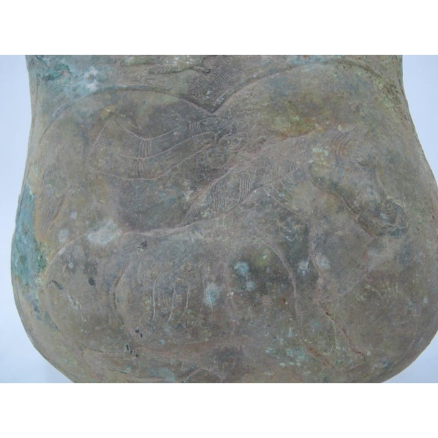 Chinese Bronze Ware Dynasty Kettle Cockscomb Flask With Archaic Horse Design For Sale - Image 9 of 14