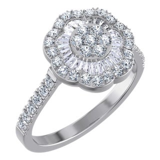 14K White Gold Round Baguette Diamond Womens Sz 7 Designer Ring 7/8 Cttw, Size 7 For Sale