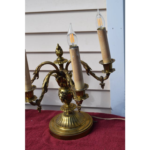 Victorian Pair of Early 20th Century Table Top 4 Lights Candelabra Victorian Style Lamps with Lion Heads in Brass For Sale - Image 3 of 12