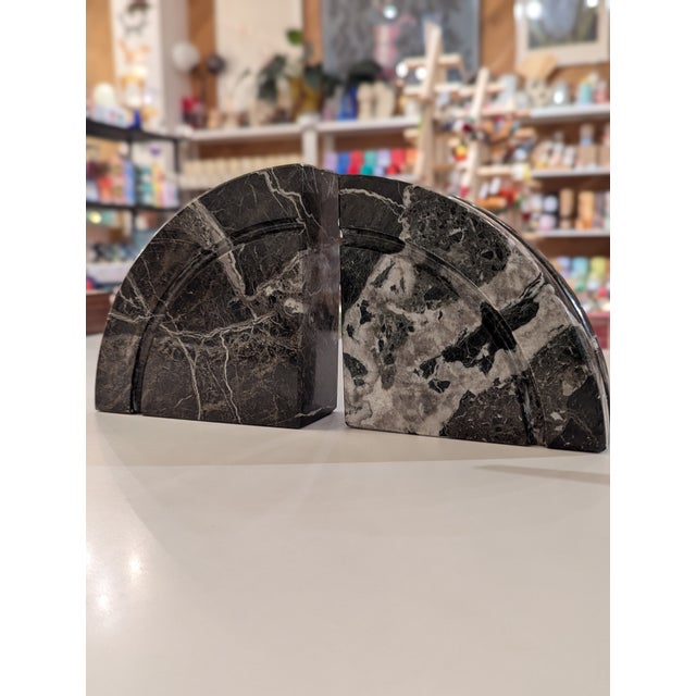 Stone 1980s Italian Postmodern Black Marble Semi-Circle Bookends For Sale - Image 7 of 7