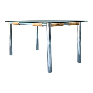 Vintage Polished Chrome and Rattan Dining Table For Sale