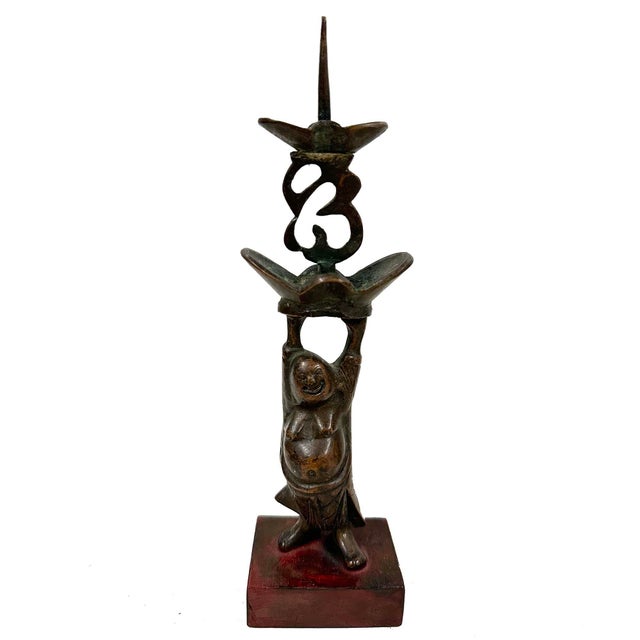 Early 20th Century Chinese Pair of Bronze Happy Buddha Candle Holders For Sale - Image 4 of 9