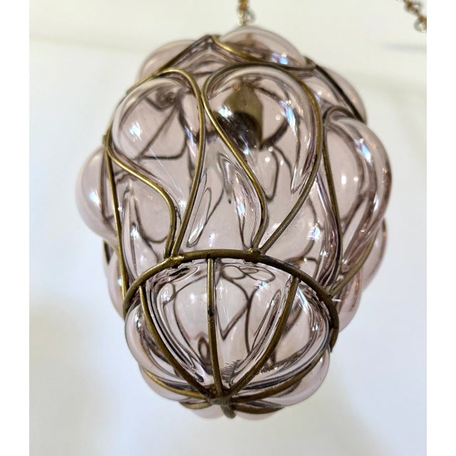 Metal Pair of 1960s Italian Venetian Lavender Glass Caged Pendant Lights For Sale - Image 7 of 9