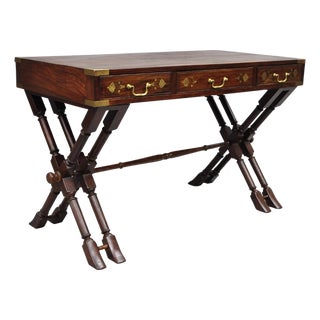 Vintage Anglo Indian Campaign Style Hardwood Curule Writing Desk W/ Brass Inlay For Sale