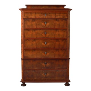 19th Century Biedermeier Burlwood Chest of Drawers, Danish Highboy Dresser For Sale