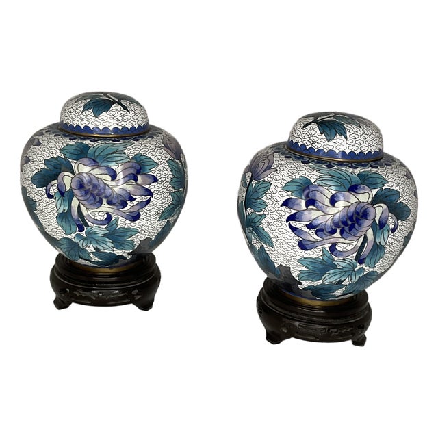 1960s Pair of Cloisonné Lidded Ginger Jars With Stands For Sale