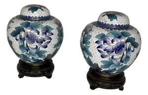 1960s Pair of Cloisonné Lidded Ginger Jars With Stands
