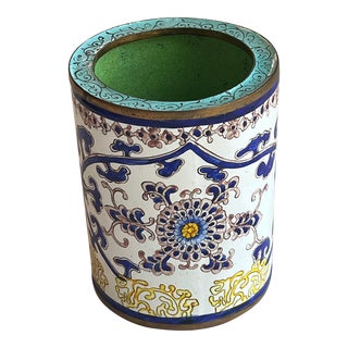 Blue & White Chinoiserie Enamel Brush Pot Vase For Sale