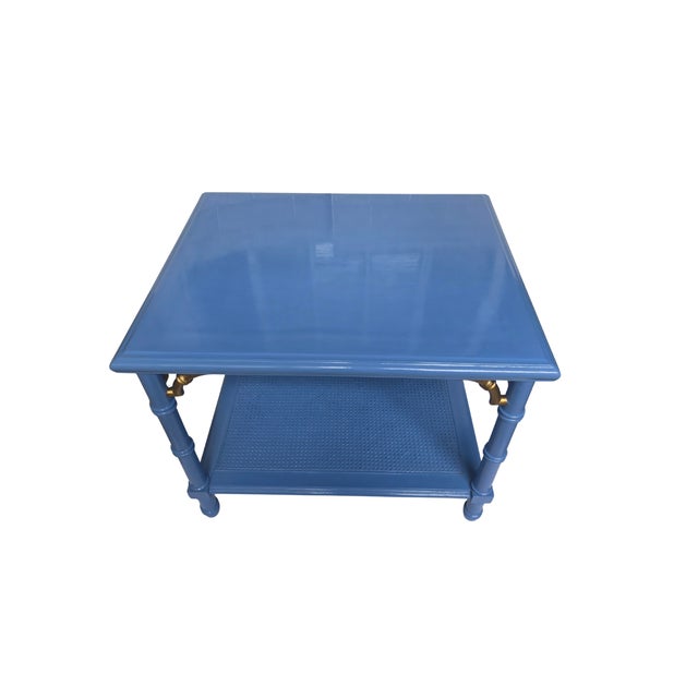 Blue 1970s Lane Altavista Wedgewood‑Blue Bamboo‑Style Table • Brass Brackets • Cane Shelf For Sale - Image 8 of 10