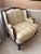 1950s-60s French-style oversized plaid upholstered armchair w/ wood frame/border. Some very minor fading on seat...