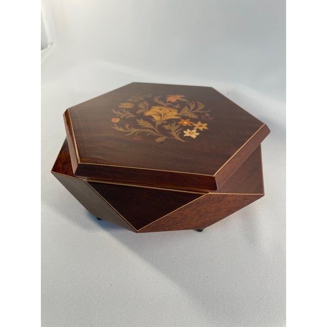 1970s Italian Hexagon Marquetry Musical Jewelry Box For Sale - Image 4 of 12