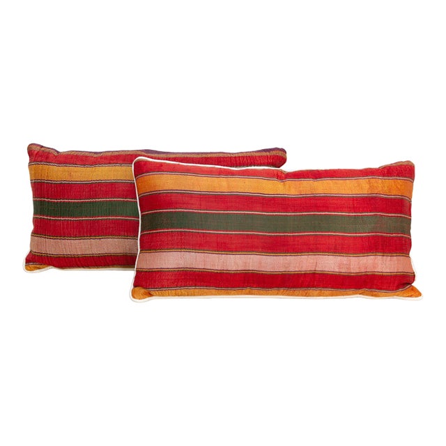 Pair of Bhuj Striped Mashru Lumbar Pillows For Sale