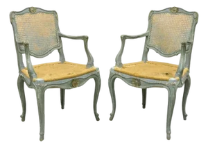 Antique French Louis XV Style Blue Painted Cane Back Fauteuil Arm Chairs - Pair