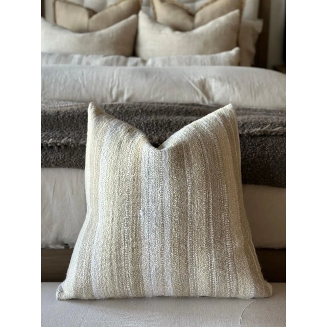 Mid-Century Modern Woven Belgian Linen and Wool Stripe Lumbar Pillow With Down Insert For Sale - Image 3 of 7