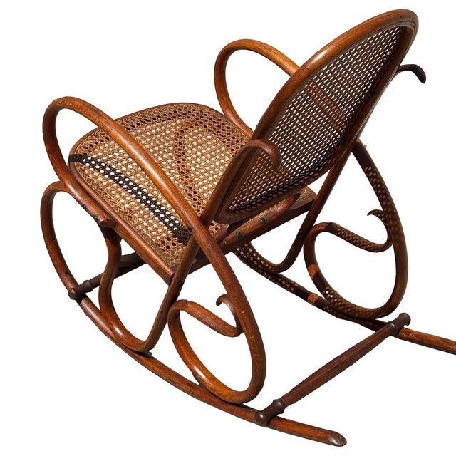 Antique Vienna Secession Cane & Bent Oak Scrolling Children Sized Rocking Chair, Attributed to Thonet For Sale In Los Angeles - Image 6 of 6