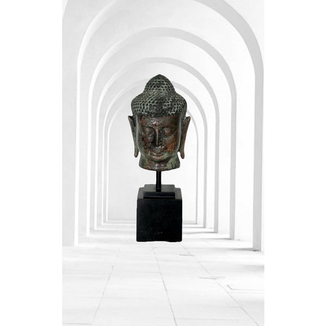 South East Asian Buddha Head Mounted on Square Black Pedestal For Sale - Image 11 of 11