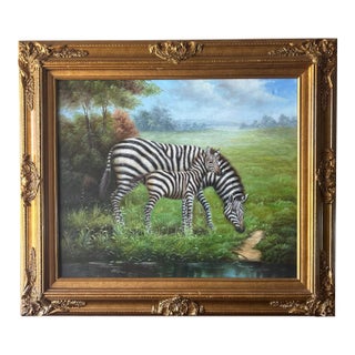 Vintage Original Zebra Oil Painting in Gilt Frame - Mother and Child Scene For Sale