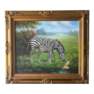 Vintage Original Zebra Oil Painting in Gilt Frame - Mother and Child Scene