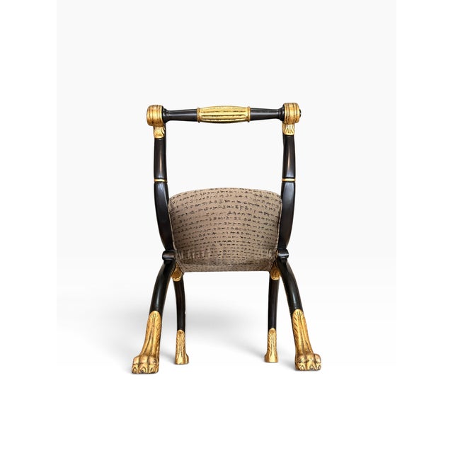 Black Vintage Maitland-Smith Neoclassical Black & Gilt Curule Bench With Asian Calligraphy Upholstery For Sale - Image 8 of 14