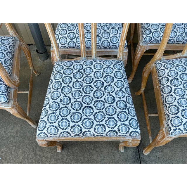 1970s Gustavian Style Cerused Dining Chairs in New Blue & White Linen Set of 8 For Sale - Image 5 of 15