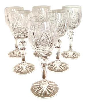 Vintage Czech Micro Cut Clear Crystal White Wine Glasses - Set of 6