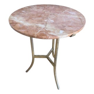 Vintage Pink Marble and Brass Tripod Side Table in the Style of Cedric Hartman Mid Century Modern Gueridon For Sale