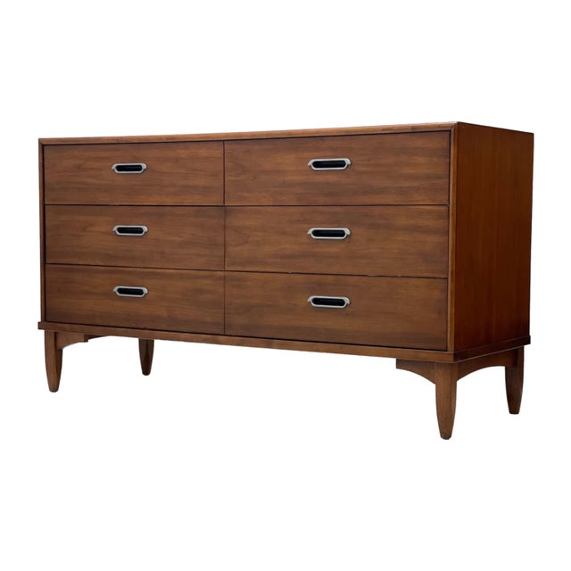 Brown 1970s Vintage Mid-Century Modern Drexel Lowboy Dresser, 6-Drawer Walnut-Tone Case With Dovetail Joinery and Original Recessed Hardware For Sale - Image 8 of 8