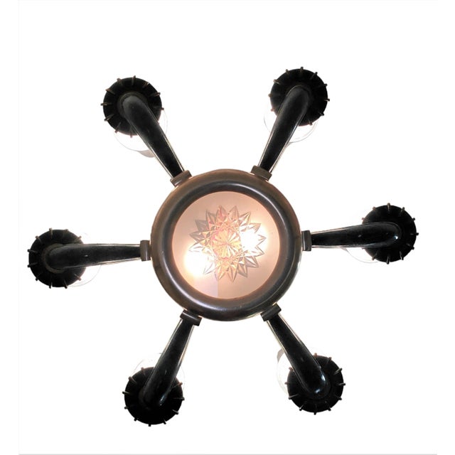 Mid 20th Century Frosted Glass and Bronze Six Arm Chandelier Attrib to Maison Baguès For Sale - Image 9 of 12