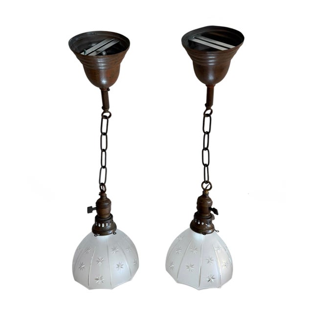 Metal Antique Starburst Wheel Cut Hanging Pendant Lights - a Pair For Sale - Image 7 of 10