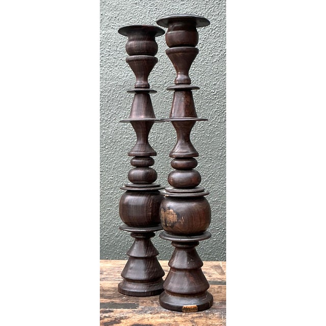 Vintage Turned Wood Candlesticks - A Pair For Sale - Image 9 of 12