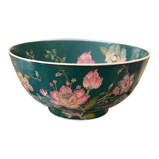 Green Floral Large Chinoiserie Bowl For Sale