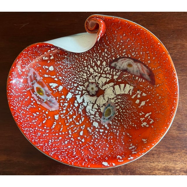 Barbini Vintage Midcentury Barbini Murano Style Red Silver Flecks Italian Art Glass Bowl Ashtray For Sale - Image 4 of 12