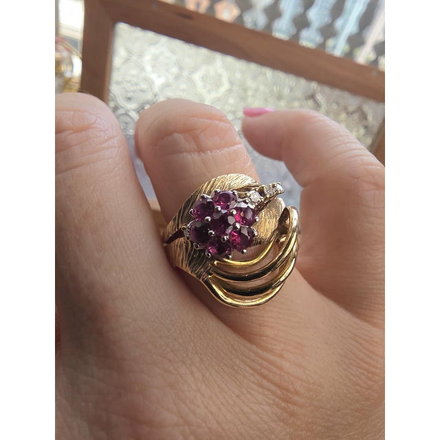 Metal Vintage 13.5k Gold Ruby and Diamond Floral Cocktail Ring, Size 7 For Sale - Image 7 of 7
