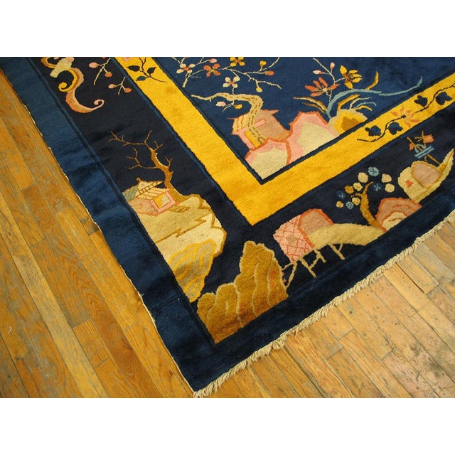 1930s Blue Floral Modern Antique Chinese Peking Rug 12'3" X 15'4" Handknotted Wool Carpet For Sale In New York - Image 6 of 6