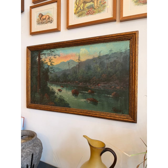 Traditional Vintage Oil Painting of Mountain Scene at Dusk For Sale - Image 3 of 5