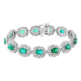 10 Carat Natural Brazilian Emerald & Diamond Tennis Bracelet 14 Karat Gold For Sale