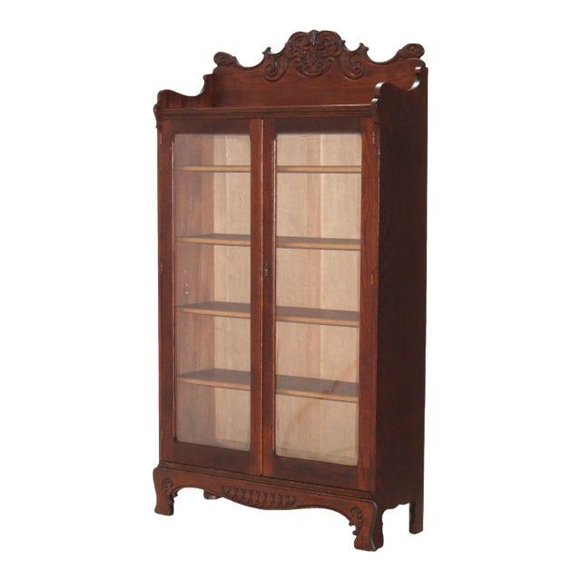Antique Arts & Crafts Pressed & Carved Oak Double Door Bookcase C1920 For Sale