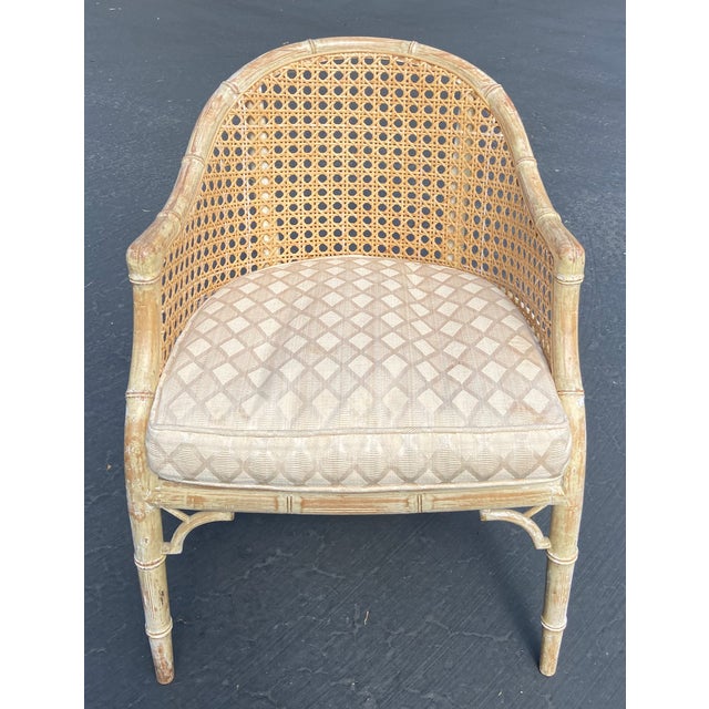 Hollywood Regency Barrel Back Faux Bamboo and Cane Chairs Circa 1960s